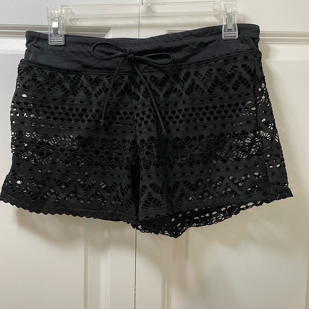 Women’s Size Medium Swim Bottom Open Lace, Lined Shorts with Drawstring Waist